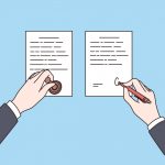 official-notarization-of-documents-concept-hands-of-notary-holding-stamp-and-making-signature-on-papers-on-blue-background-isometric-illustration-top-view-vector